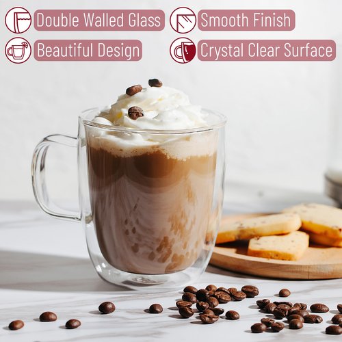 BTaT- Double Walled Glass Coffee Mugs, 12 oz, Set of 4, Glass Coffee Cups with Handle, Insulated Clear Coffee Mug for Hot Beverages, Cappuccino, Latte, Tea, Americano, Microwave & Freezer Safe