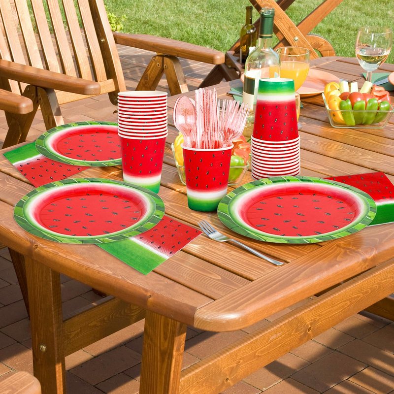FYSUIMU Watermelon Party Supplies Kit Summer One in a Melon Tableware Set Disposable Paper Plates Cups Napkins Forks Knives Spoons for 25 Guests Birthday Baby Shower