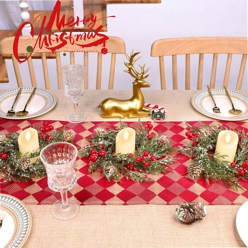 Skiennix 4 Pack Flocked Mini Christmas Wreath Candle Rings - 9"x3.5" Snowy Cypress Decor with Red Berries & Pinecones