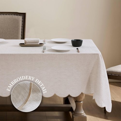 AORISSI 100% French Flax Linen Scalloped Embroidery Rectangle Tablecloths 108Lx60W Inch for Dinners, Parties, Spring, Machine Washable, 8-10 Sets, Linen(Edges-Gold)