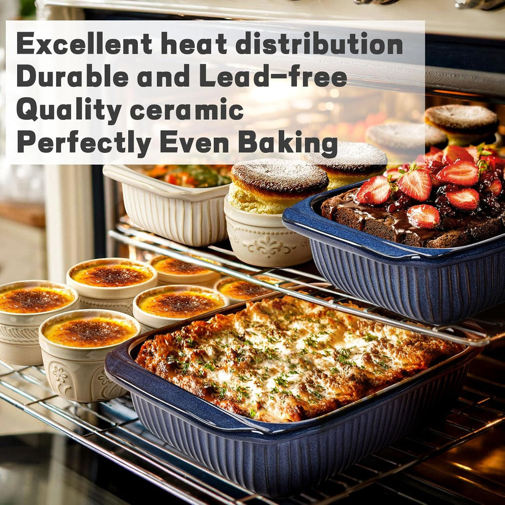 Artena Casserole Dishes - Ceramic Baking Dish Set of 3 | Large Lasagna Pan with Handles (Blue)