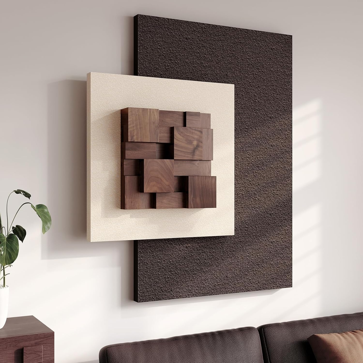 Skiennix 3D Wood Textured Wall Art - Modern Beige & Brown Geometric Design | Large Abstract Decor for Living Room, Bedroom & Office