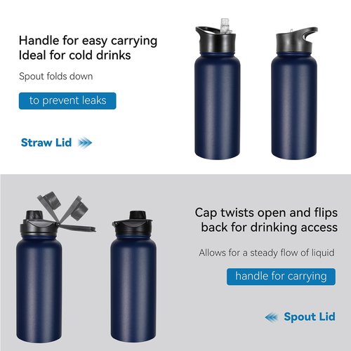VEGOND 32 oz Insulated Water Bottle Bulk Stainless Steel Metal Water Bottles with Leak Proof Straw Lid & Spout Lid, Wide Mouth Double Walled Vacuum Travel Sports Bottle, 8 Pack