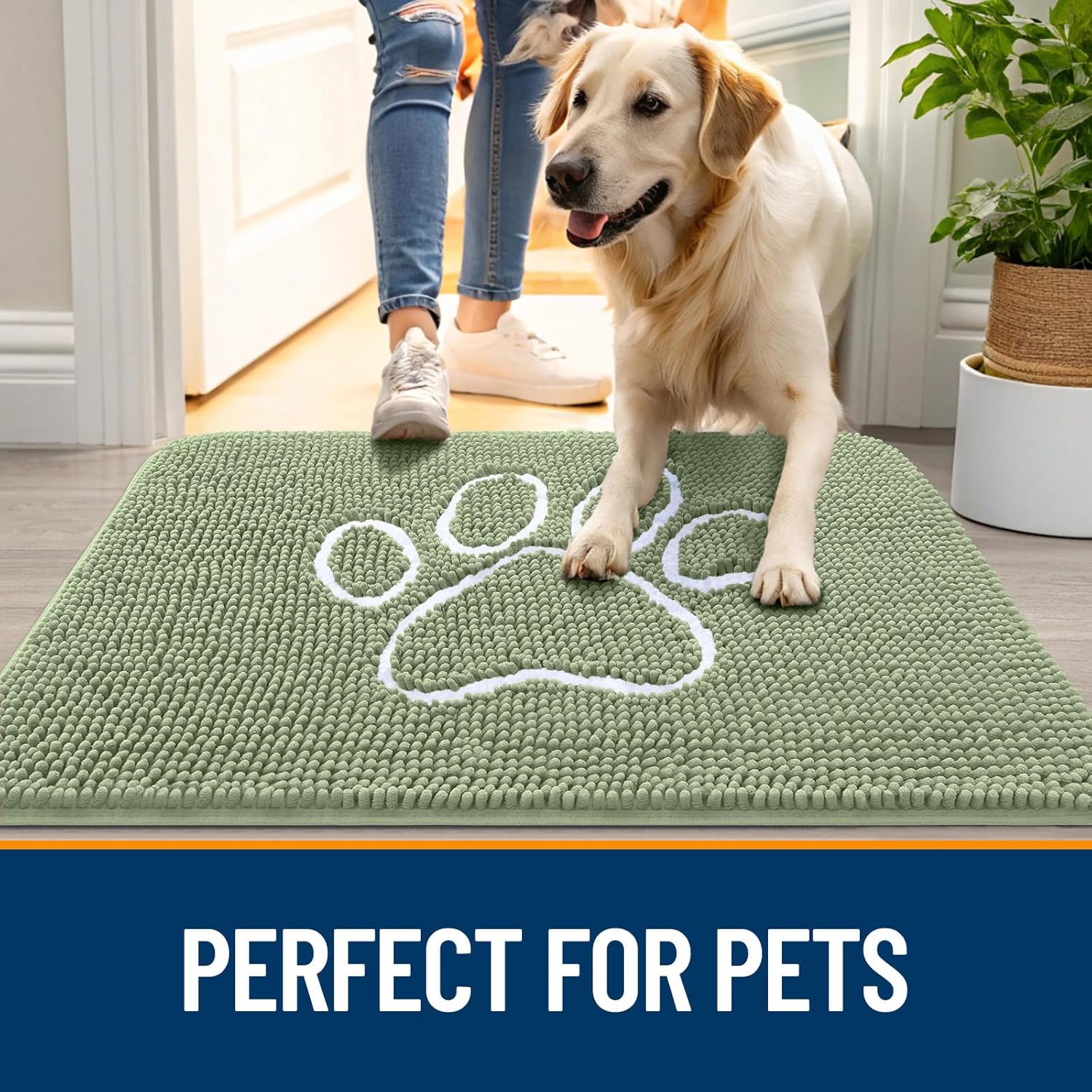 OLANLY Dog Door Mat - Absorbent Muddy Paws Doormat | Non-Slip Chenille, Quick Dry, 70x46, Sage Green