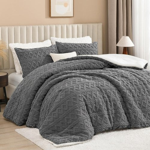 Andency Fluffy Sherpa Queen Comforter Set - Super Soft Gray Fleece Bedding for Winter | 3-Piece Luxury Boho Design