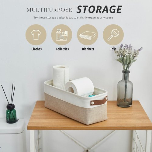 DECOMOMO Narrow Storage Bins - Small Organizing Baskets for Bathroom & Entryway | Beige & White - Set of 4