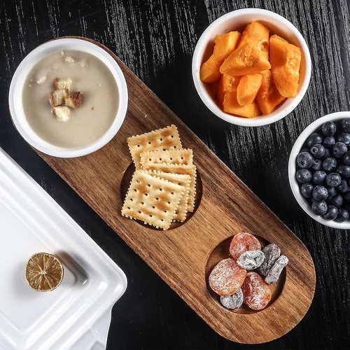 Artena 10oz Ultra-Fine Porcelain Chips and Dip Serving Platter - Acacia Wooden Tray & 4.75" Bowls