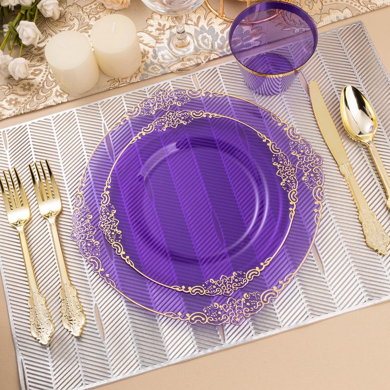 Bestluck 175PCS Clear Purple Plastic Plates for 25 Guests, Disposable Plates with Gold Trim include 25 Dinner Plates, 25 Dessert Plates, 75 Gold Silverware, 25 Cups, 25 Napkins for Party, Wedding