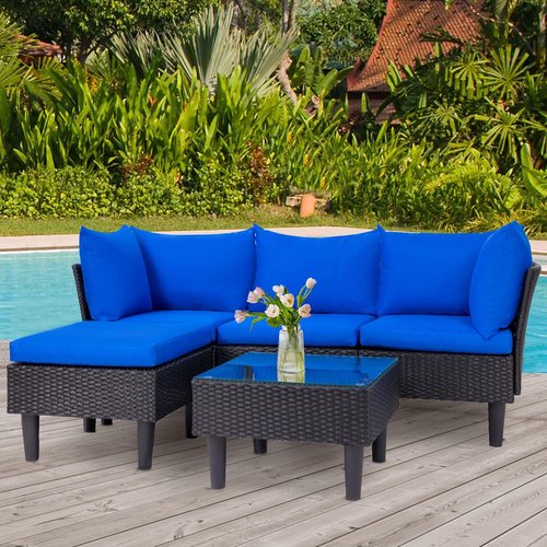 FDW Outdoor Sectional Sofa Set - 5-Piece Wicker Rattan Conversation Set with Blue Cushions for Patio & Garden