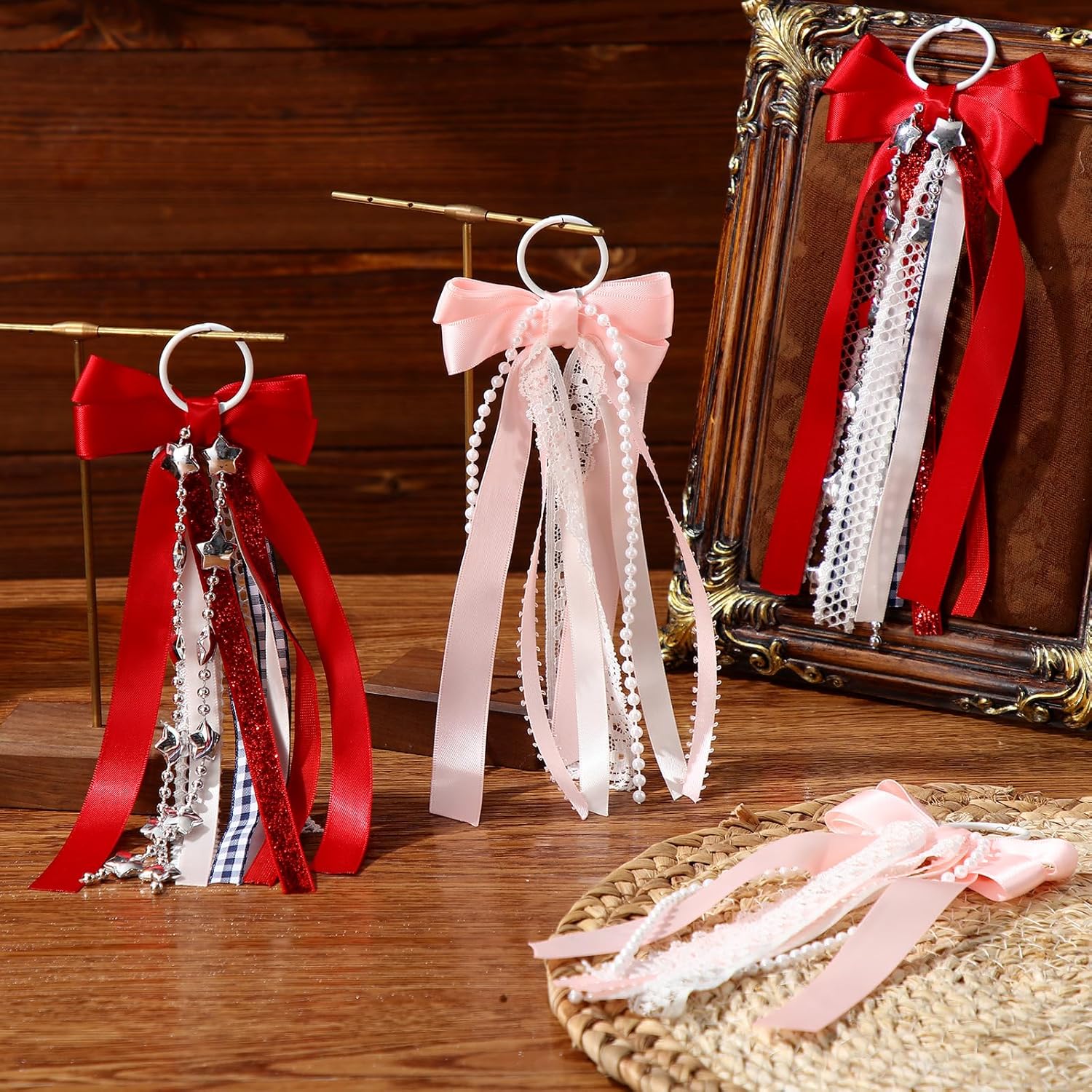 Norme Western Ribbon Boot Bows - 4 Pcs Buffalo Plaid with Glitter Pearl Lace | DIY Shoe Accessories