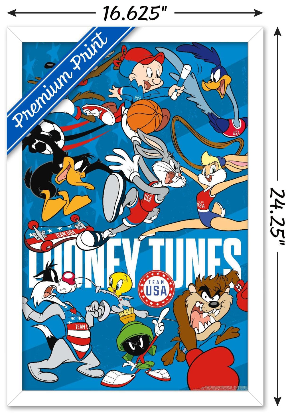 Trends International Looney Tunes x Team USA - Group Wall Poster, 22.4L x 14.7W, White Framed Version
