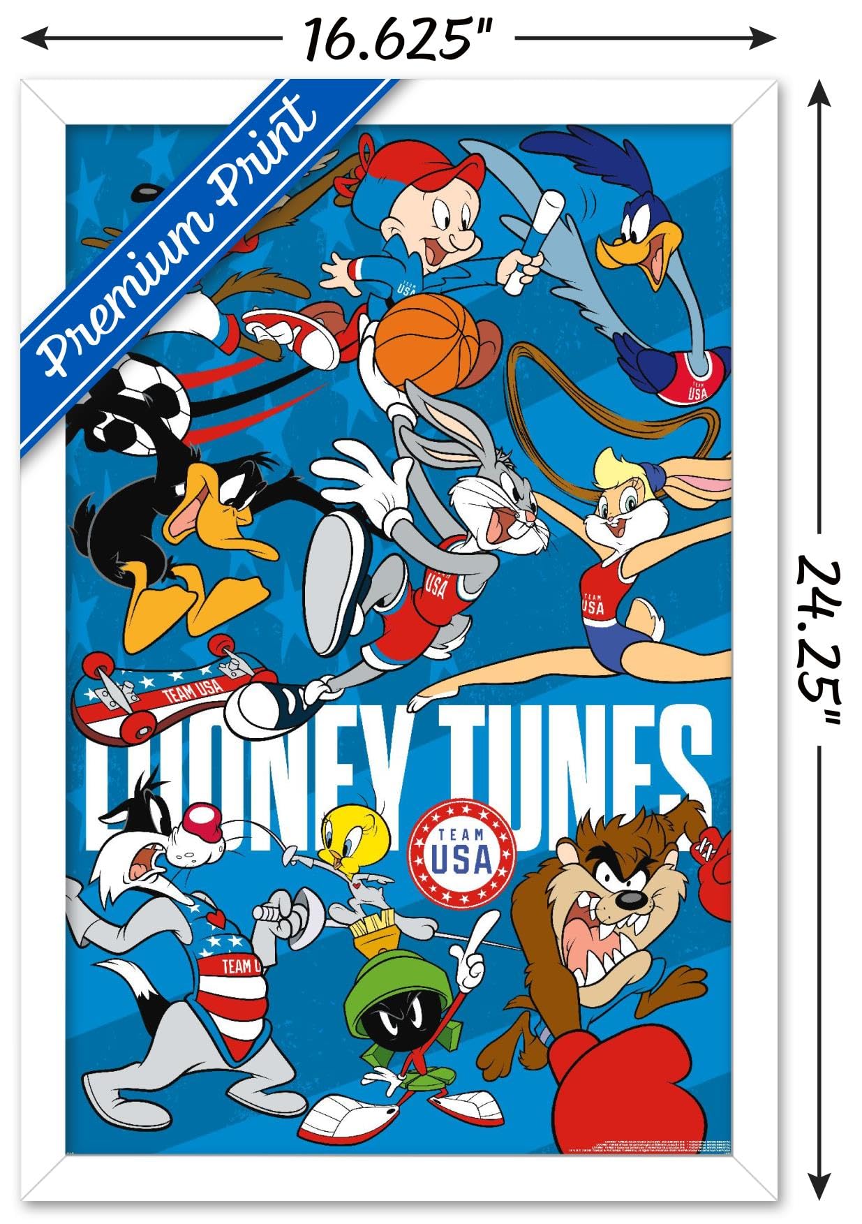 Trends International Looney Tunes x Team USA - Group Wall Poster, 22.4L x 14.7W, White Framed Version