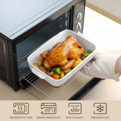 MALACASA Casserole Dishes Set of 3 - Ceramic Baking Pans with Roasting Racks | Khaki White (14.5''/13''/10.5'')
