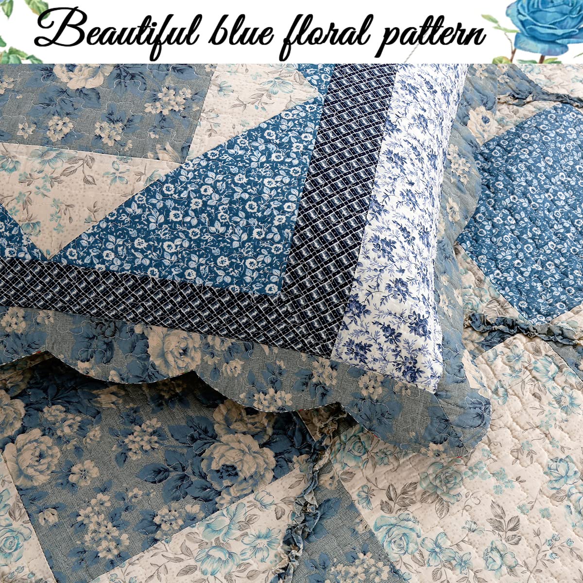 Floral Rose Garden 3-Piece Blue Vintage Cottage Patchwork Cotton Queen Reversible Quilt Bedding Set by Cozy Line Home Fashions
