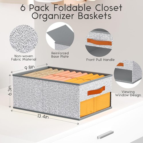 Homsorout Drawer Organizers - 6-Pack Foldable Pants Storage with Clear Window & Handles | Light Gray Fabric Closet Solution for Clothes, Jeans, and Sweaters