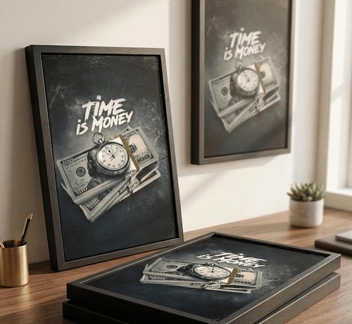 Framed Time Is Money Canvas Wall Art - Motivational Office Decor | Inspirational Quotes for Home & Bar