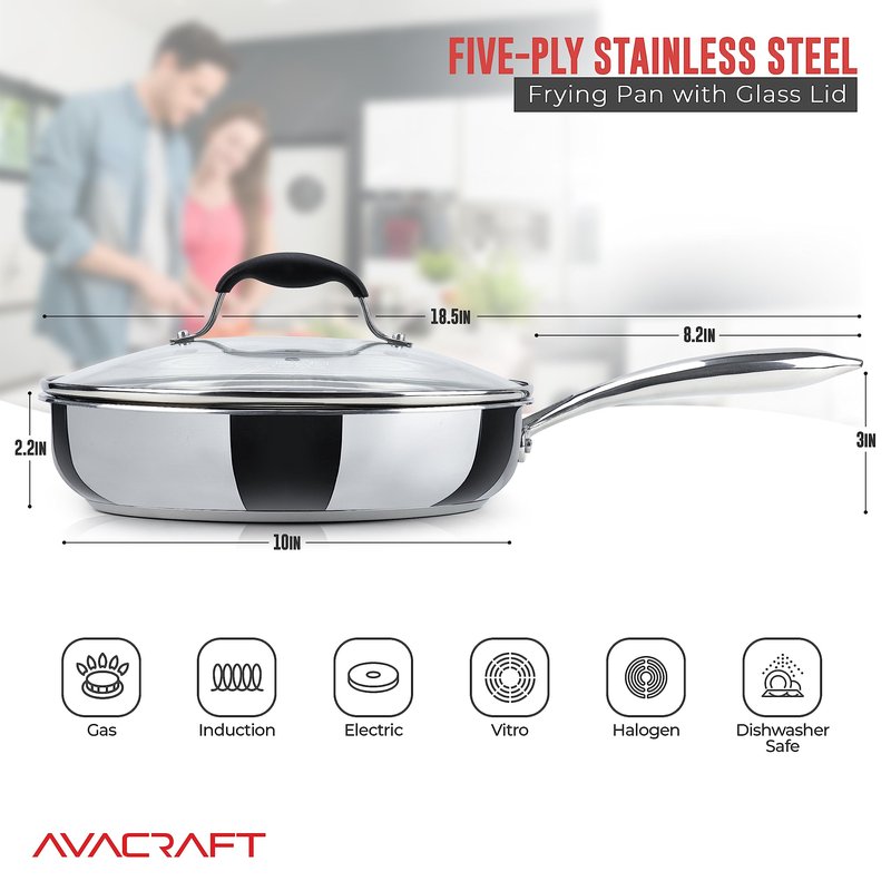 AVACRAFT 18/10 10 Inch Stainless Steel Frying Pan with Lid, Side Spouts, Induction, Versatile Stainless Steel Skillet