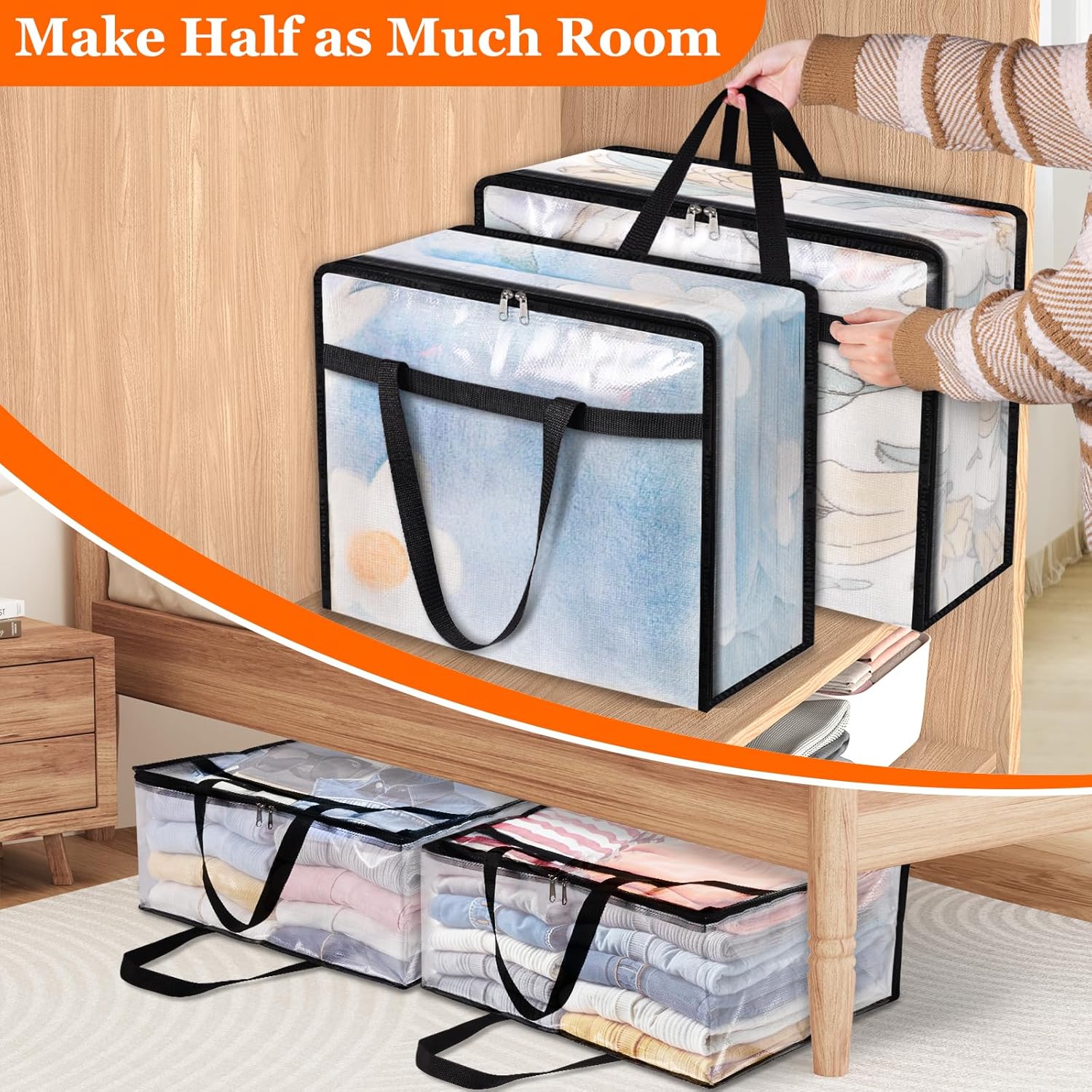 TasticTotes Clear Storage Bags - 6 Pack for Comforters, Clothes & Bedding | Zippered Under-Bed Organizer (40L)
