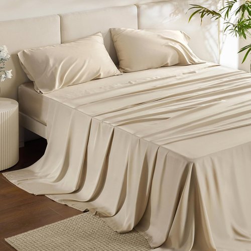 Bedsure Cooling Bed Sheets - Rayon from Bamboo, Breathable & Soft | Full Size, Deep Pocket Up to 16 Inches, Beige