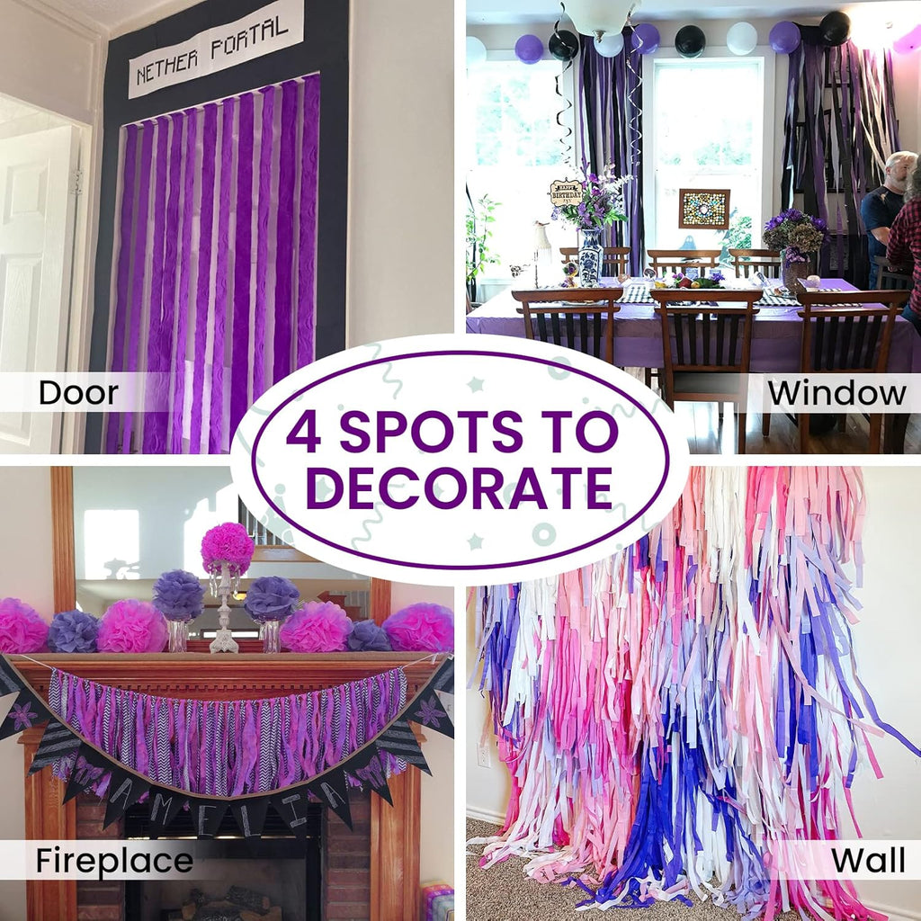 PartyWoo Purple Crepe Paper Streamers - 6pcs 492ft for Birthday & Graduation Decorations | Light & Dark Purple, Lavender, White, Silver