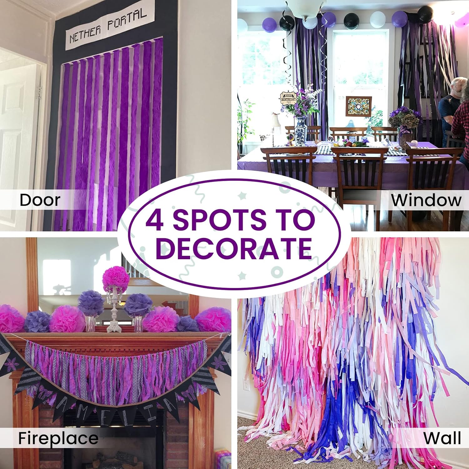 PartyWoo Purple Crepe Paper Streamers - 6pcs 492ft for Birthday & Graduation Decorations | Light & Dark Purple, Lavender, White, Silver