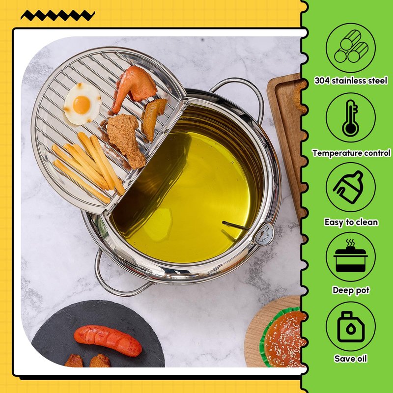 Reallnaive 3.6 Qt (3.4 L) Deep Fryer Pot 304 Stainless Steel Tempura Frying Pot with Lid and Oil Drain Rack Japanese Deep Fryer Pan with Temperature Control for Kitchen French Fries, Chicken