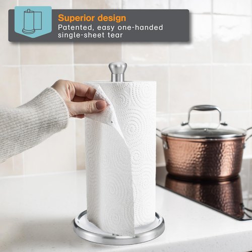 Polder Single-Tear Paper Towel Holder, Kitchen Organization and Storage, Stainless Steel Paper Towel Holder, Fits Standard and Jumbo-Sized Paper Towel Rolls, 12.6" H x 7.1" Dia.