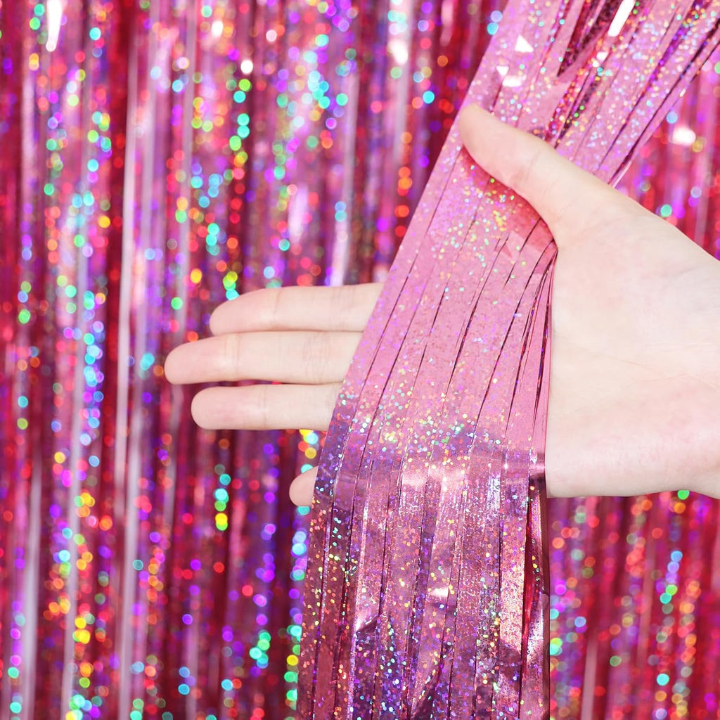 Voircoloria 2 Pack Laser Pink Tinsel Foil Fringe Curtains - Metallic Party Streamers Backdrop for Celebrations