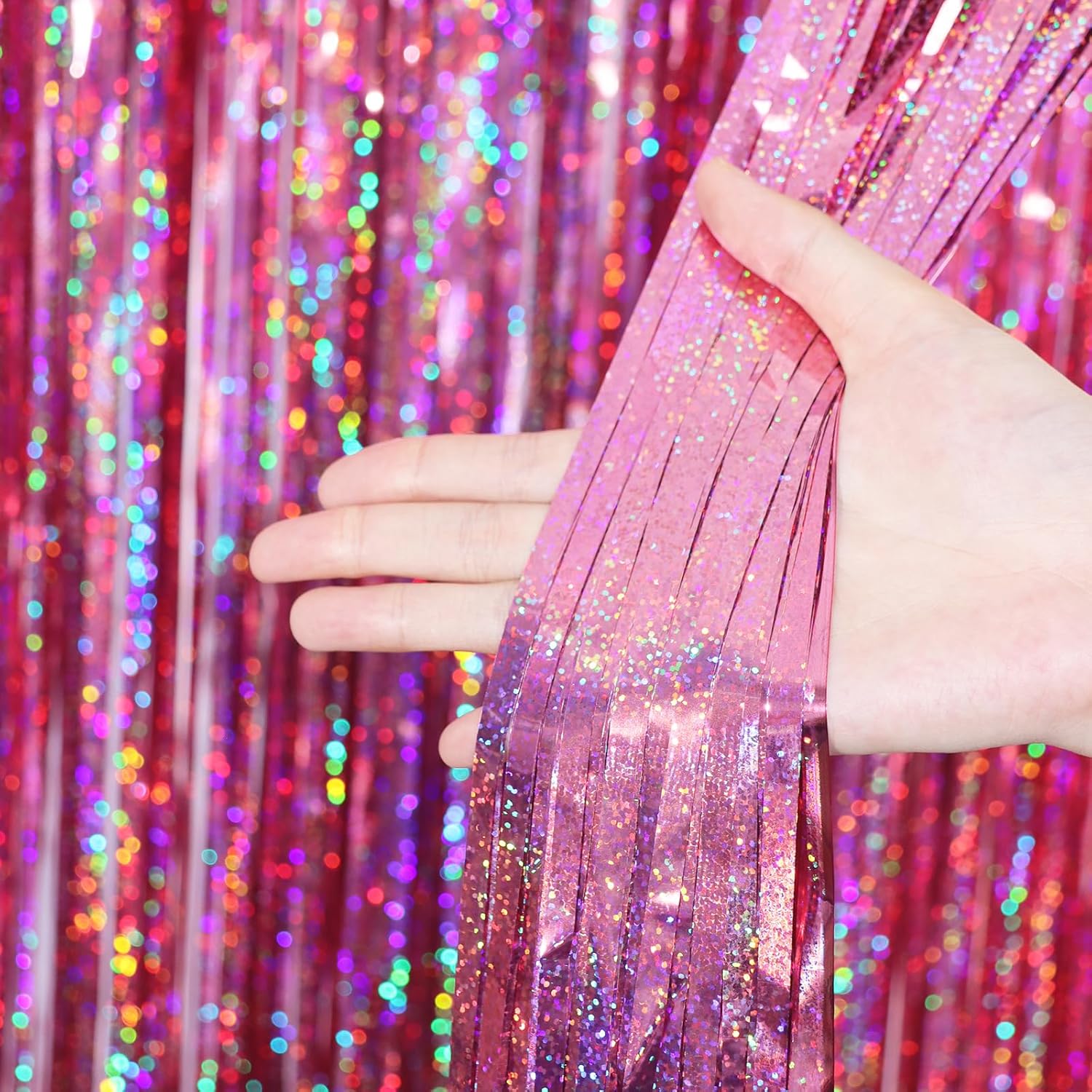 Voircoloria 2 Pack Laser Pink Tinsel Foil Fringe Curtains - Metallic Party Streamers Backdrop for Celebrations