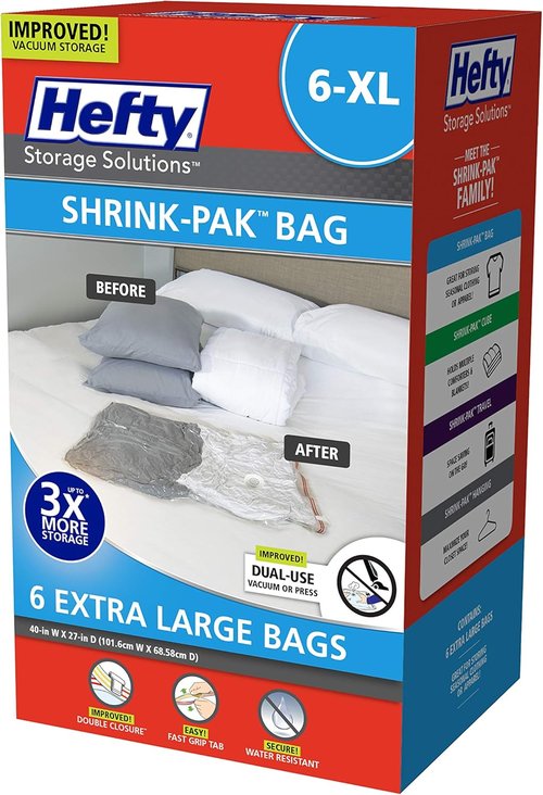 Hefty Shrink-Pak Vacuum Seal Storage Bags - 6 Extra Large Space Saver Bags for Clothing & Blankets
