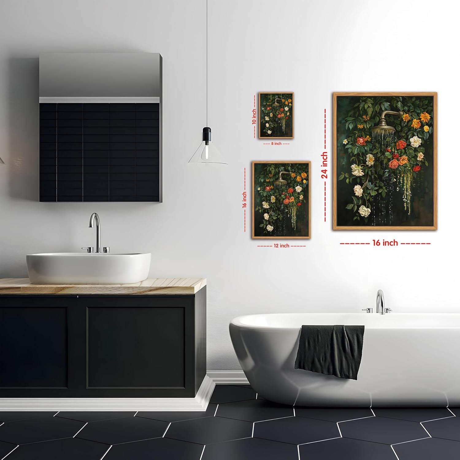 Skiennix Floating Framed Floral Shower Wall Art - Vintage Botanical Canvas Print | Romantic Garden Roses 12x16 Inch