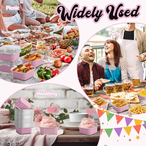 CXIIPOL 60 Pack Mini Square Cake Pans with lids and Spoons, 5 OZ Pink Disposable Ramekins Cake Pans, 3.5x3.5 Inch Aluminum Foil Baking Cups for Mother's Day, New Year, Anniversaries, Birthdays