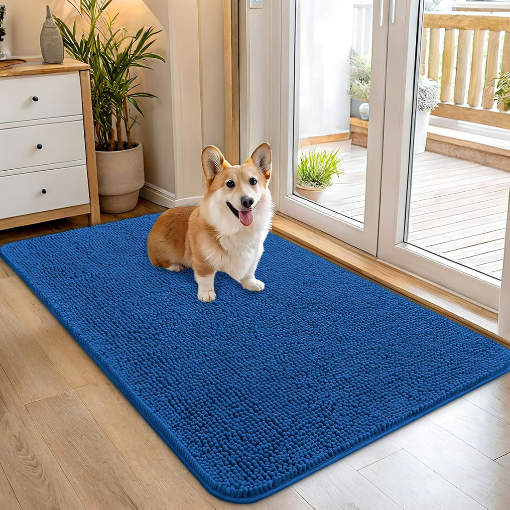 OLANLY Dog Door Mat - Absorbent Non-Slip Chenille for Muddy Paws | 45x27 Inches, Deep Navy Blue