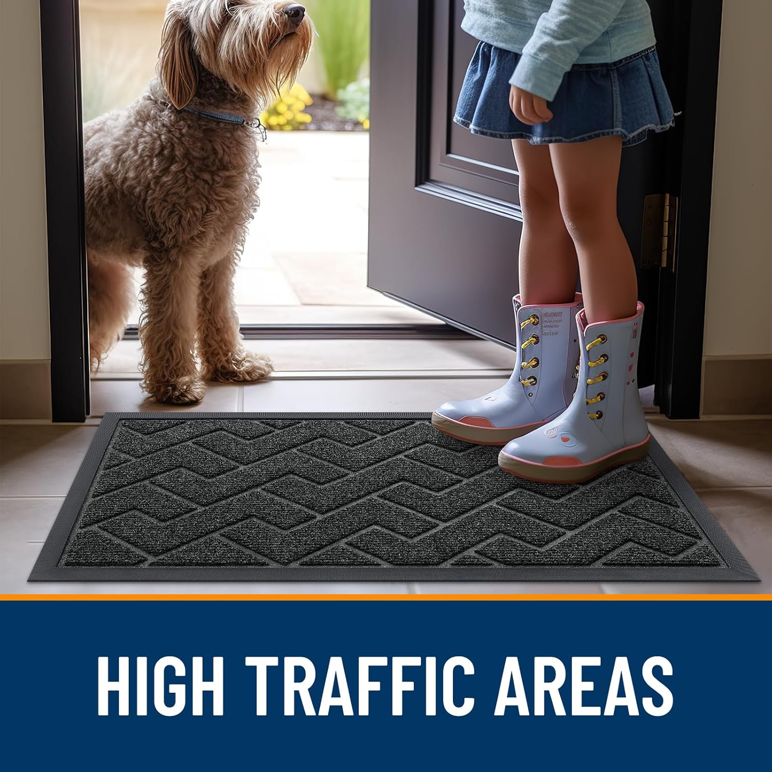 OLANLY Waterproof All-Season Front Door Mat - Sturdy Natural Rubber, Low Profile, Easy Clean | Herringbone Brick (Black, 59x35)