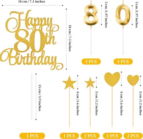 80th Birthday Cake Decorations - Glitter Happy 80th Birthday Toppers & Candles Set | Gold