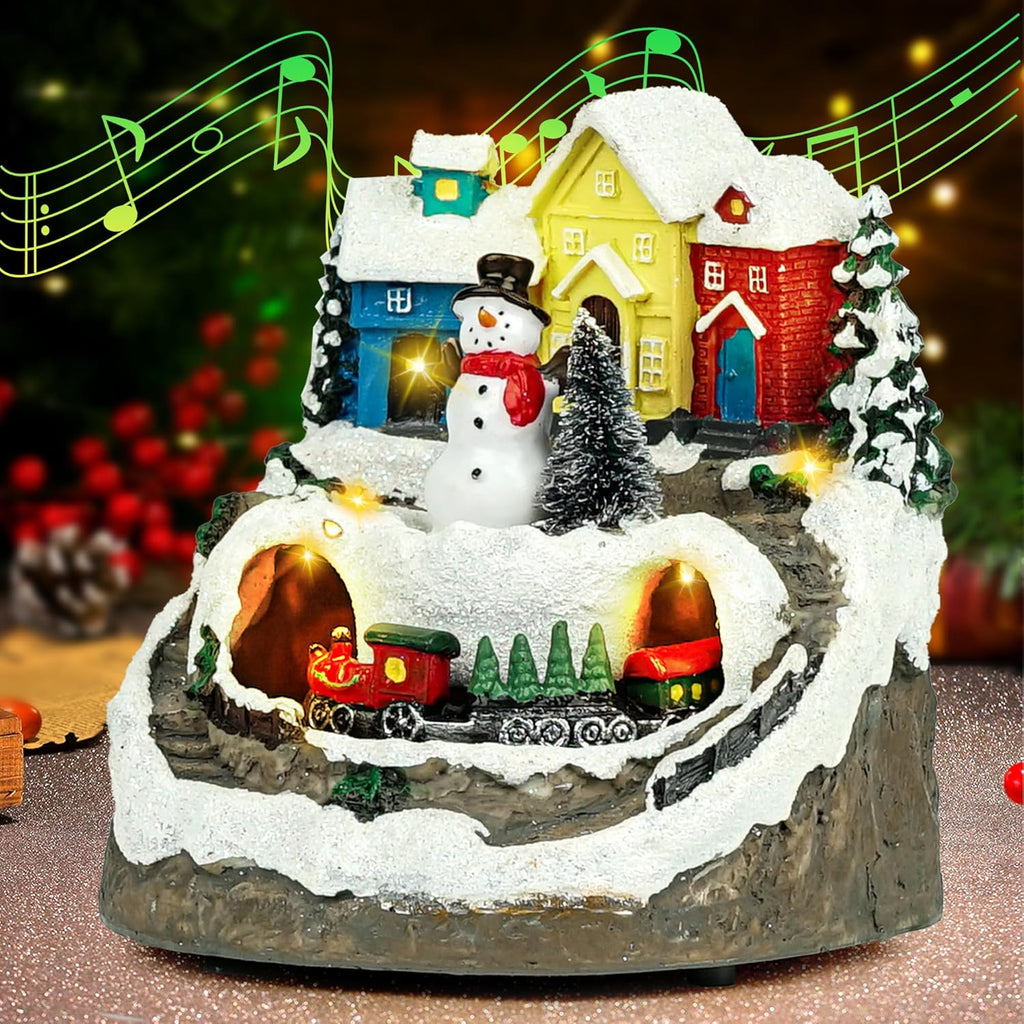 Musical Resin Snowman Figurines | Christmas Village Decor with Spinning Train & LED Lights - Holiday Centerpiece
