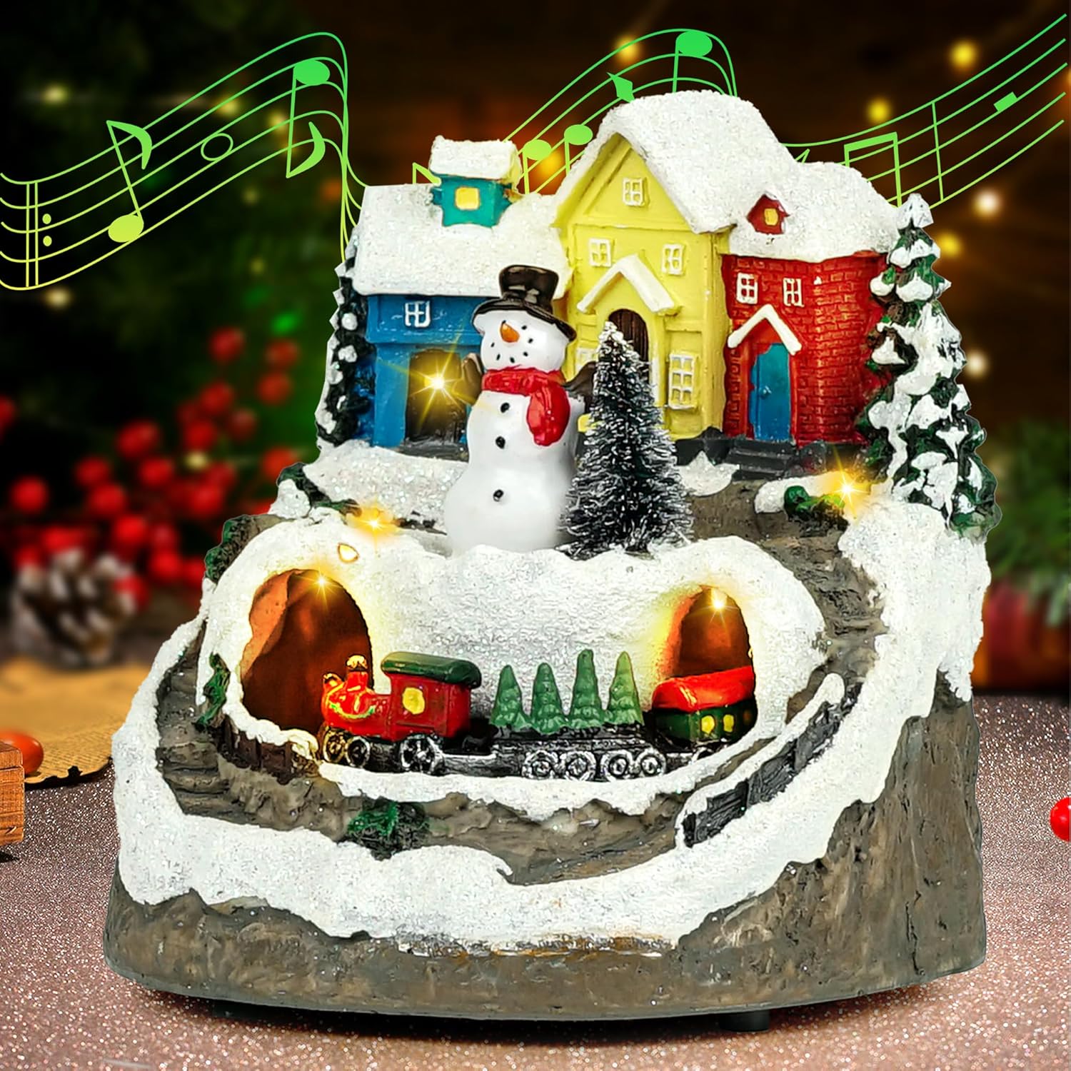 Musical Resin Snowman Figurines | Christmas Village Decor with Spinning Train & LED Lights - Holiday Centerpiece
