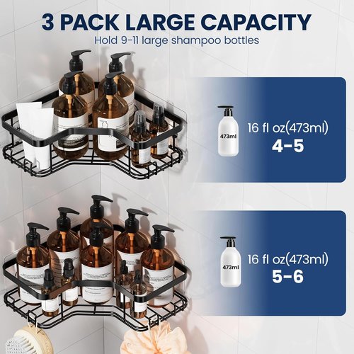 MAXIFFE Corner Shower Caddy - 3 Pack Sturdy Adhesive Organizer with Soap Holder | Black, No Drilling