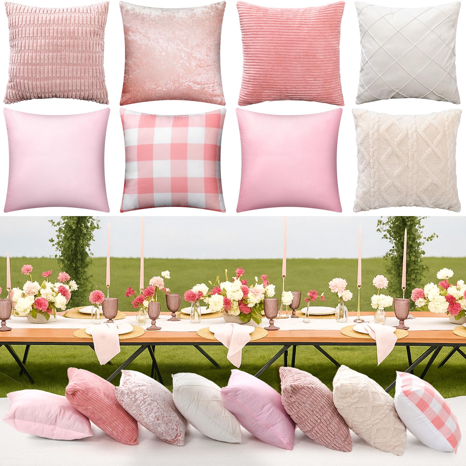 Weysat 8 Pcs Pink White Faux Fur Plush Decorative Throw Pillow Covers 18 x 18 Inch Pastel Aesthetic Pillows Case with Hidden Zipper for Coquette Spa Party Outdoor Picnic Living Room Couch Classroom