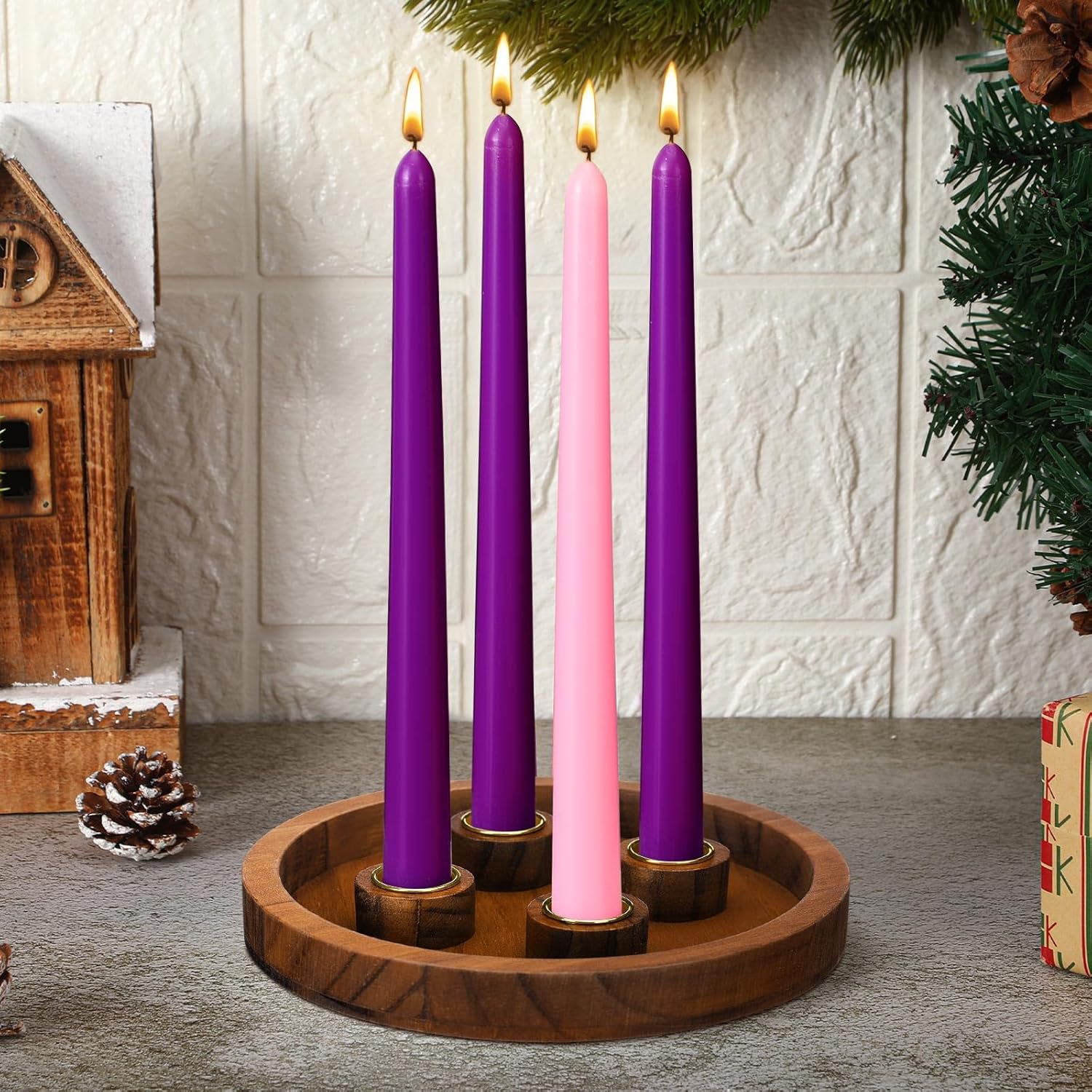 Vercraft 7-Inch Christmas Advent Candle Holder - Modern White Tray with 12 Taper Candles for Festive Centerpiece