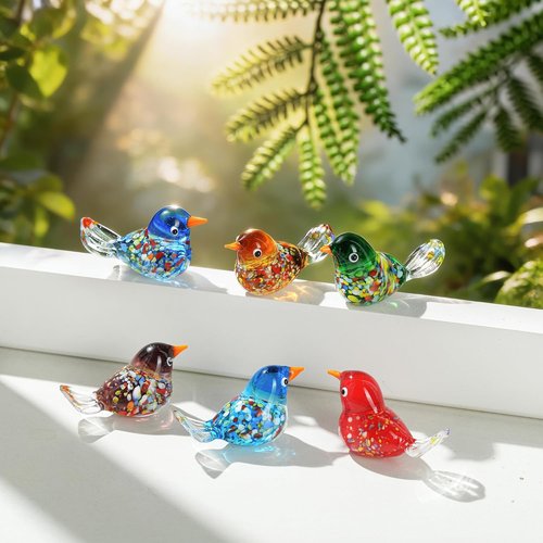 HDCRYSTALGIFTS Miniature Glass Bird Figurines - 6pcs Hand Blown Decorative Statues | Unique Home Decor Gifts for Mom