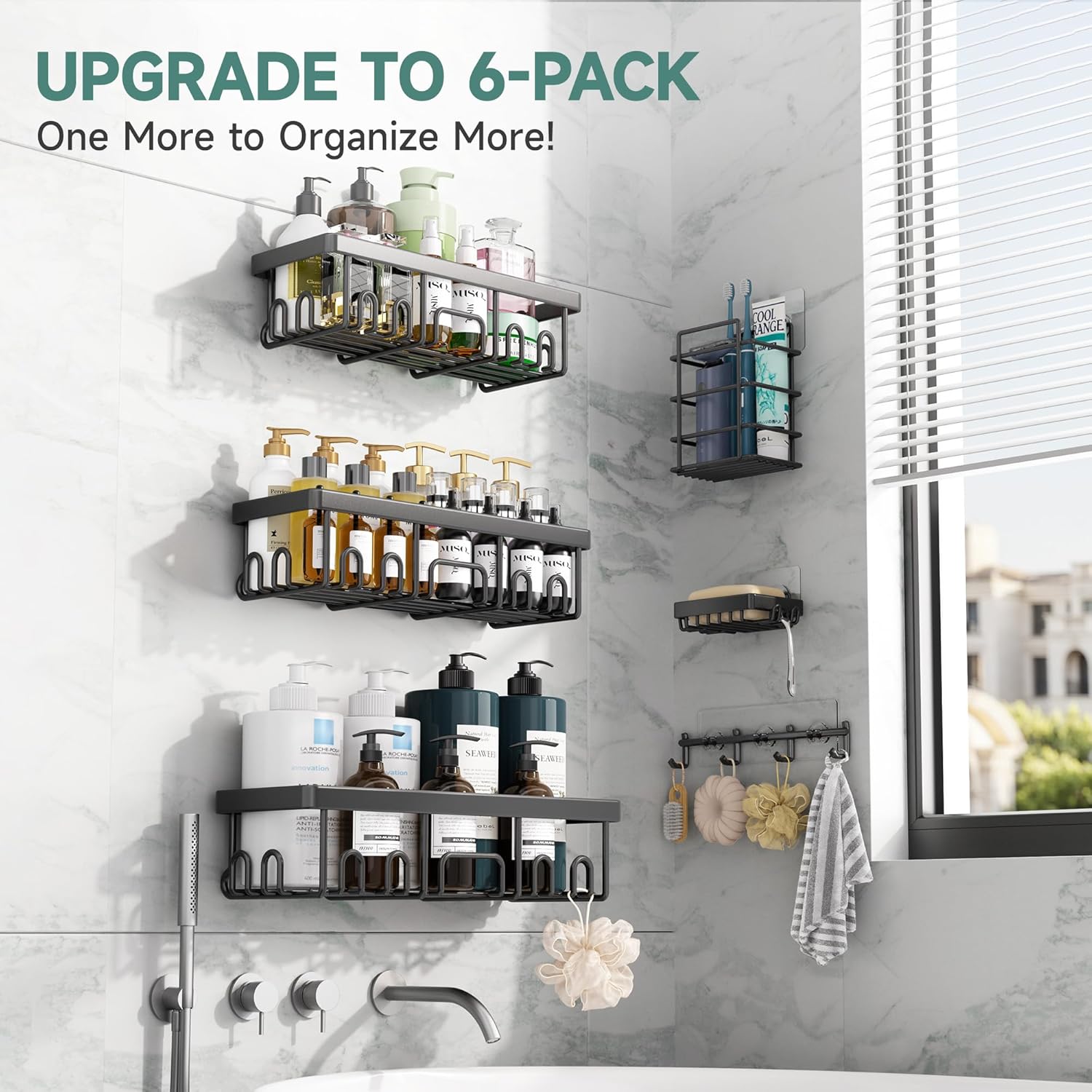 Veken Shower Caddy - Rustproof No-Drill Adhesive Shelves | Large Capacity Bathroom Organizer - Black