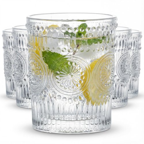 Kingrol 6 Pack SMALL 9 oz Drinking Glasses, Vintage Embossed Tumblers for Juice, Cocktails, Iced Tea