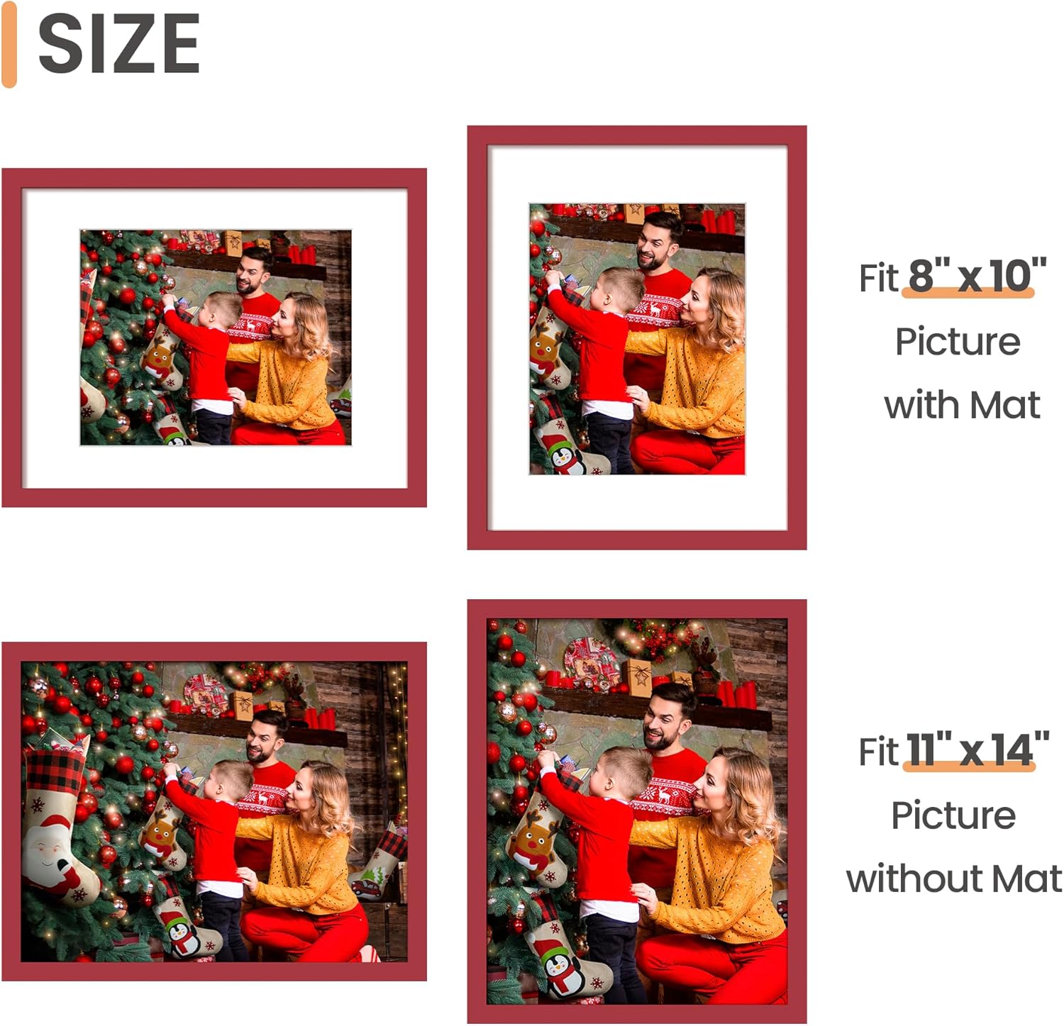Upsimples 11x14 Picture Frame - Display 8x10 Photos with Mat or 11x14 Without - Red, 1 Pack