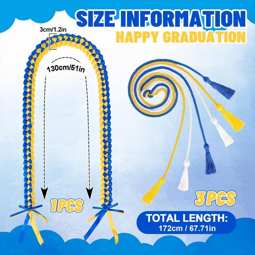 FYSUIMU Graduation Leis - Blue, Gold & White Honor Cords with Tassel | 4 Pcs Braided Necklace for College & High School Grads