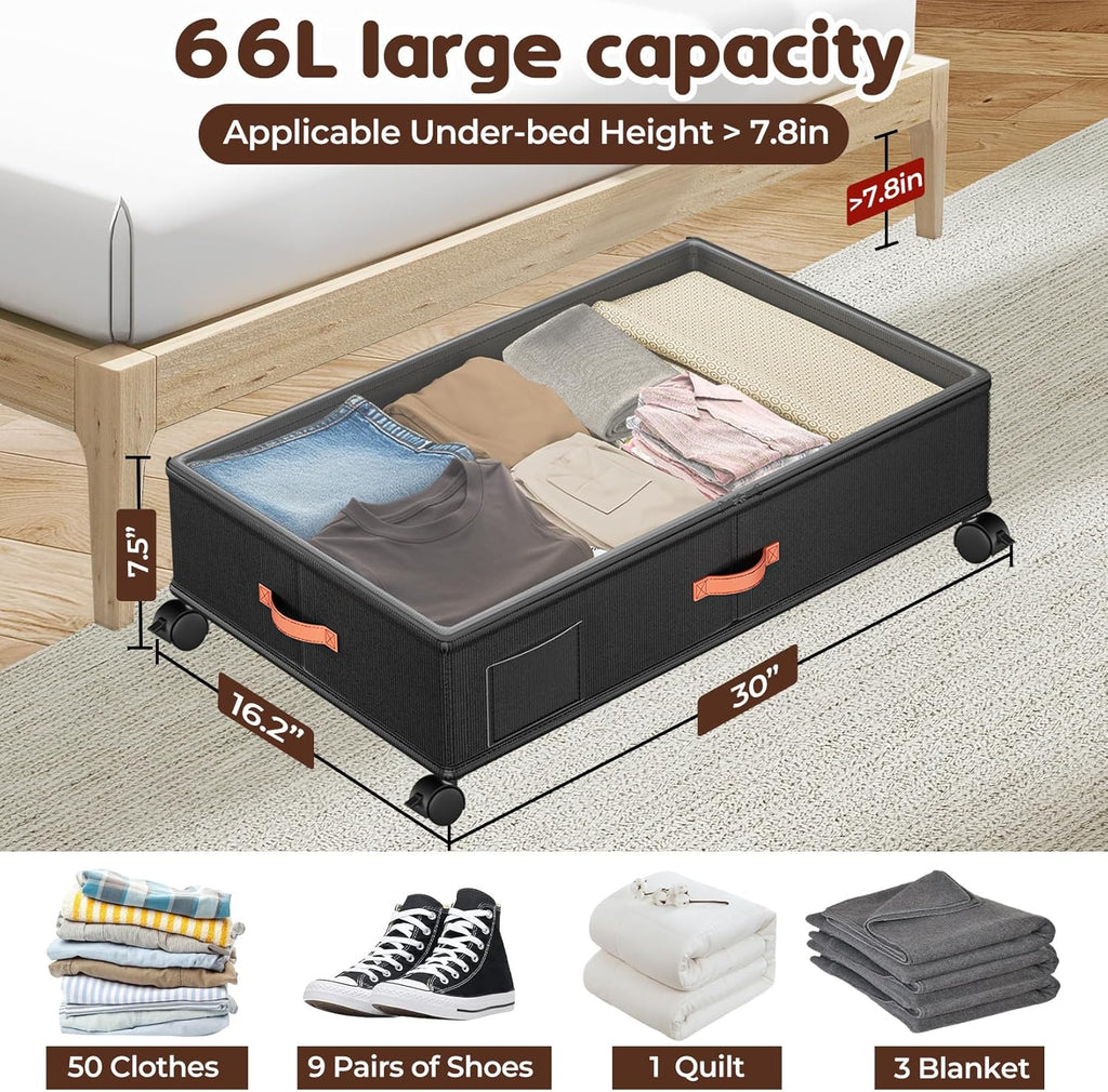 Under Bed Storage Containers by [Brand Name] - 66L Rolling Drawers with Clear Lids | 2-Pack for Clothes & Shoes (30” L x 16.2” W x 7.5” H)