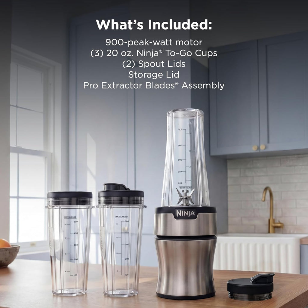 Ninja Nutri-Plus Personal Blender - Compact Push-To-Blend for Smoothies & Frozen Drinks | Includes 3 To-Go Cups & Lids | 900 Peak Watts | Silver | BN301