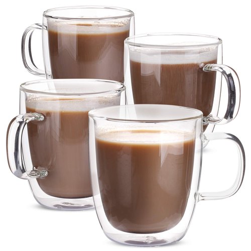 BTaT- Double Walled Glass Coffee Mugs, 12 oz, Set of 4, Glass Coffee Cups with Handle, Insulated Clear Coffee Mug for Hot Beverages, Cappuccino, Latte, Tea, Americano, Microwave & Freezer Safe