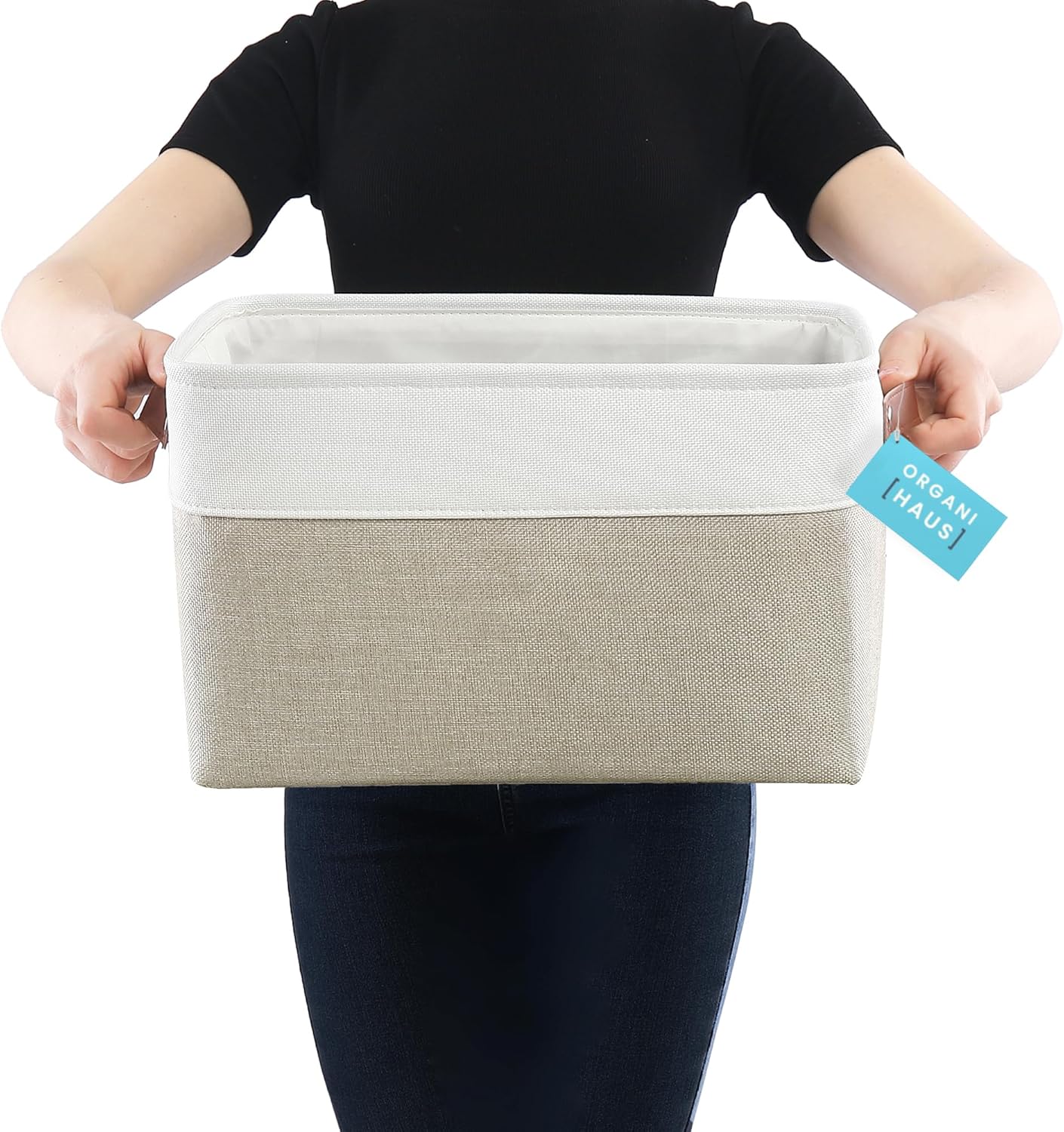 OrganiHaus Large Fabric Storage Baskets - 3 Pack Canvas Organizers for Shelves | 15x11in Beige/Off-White
