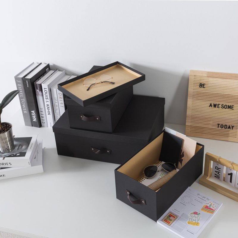Soul & Lane Decorative Storage Boxes with Lids - Set of 3 (One Large and Two Medium), Sturdy Cardboard Organizers for Photos, Versatile Boxes with Handles for Office & Home, Dark Gray